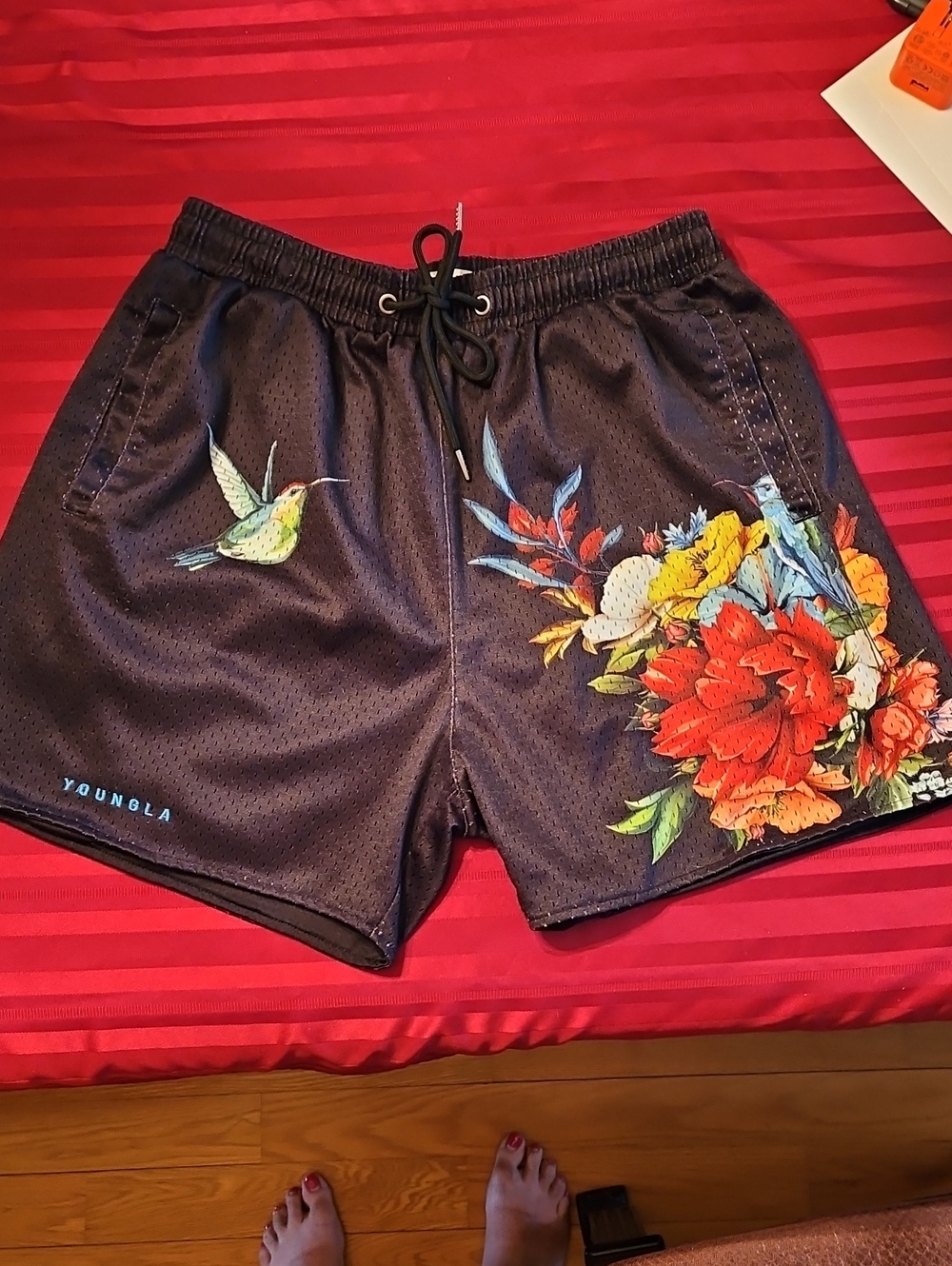 YoungLA Black Athletic Shorts with Colorful Floral & Hummingbird Print